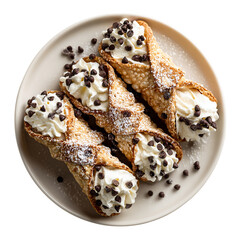 Cannoli topped with whipped cream and chocolate on transparent background
