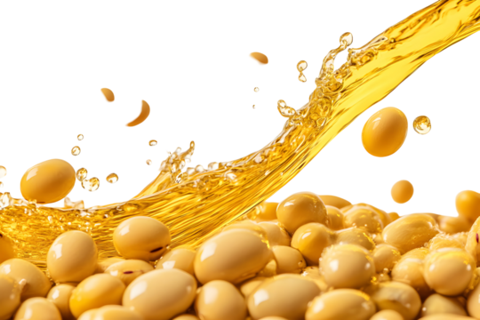 Golden soybean oil pouring over a pile of soybeans against a dark background