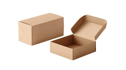 Two cardboard boxes one opened, a closed rectangular paperboard box isolated on transparent background