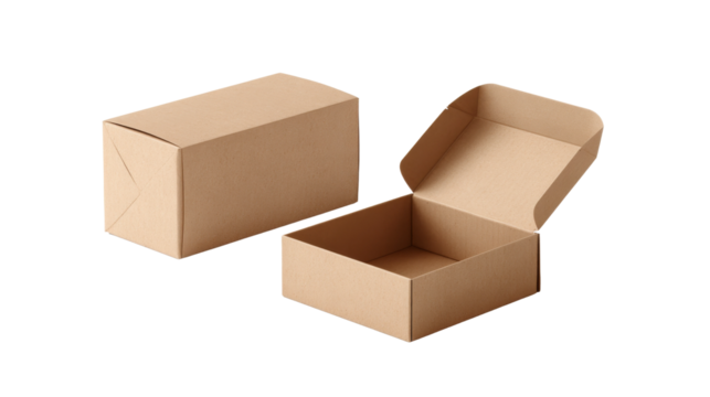 Two cardboard boxes one opened, a closed rectangular paperboard box isolated on transparent background - Powered by Adobe