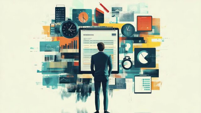 A man in suit viewing data surrounded by clocks and charts in abstract digital illustration a