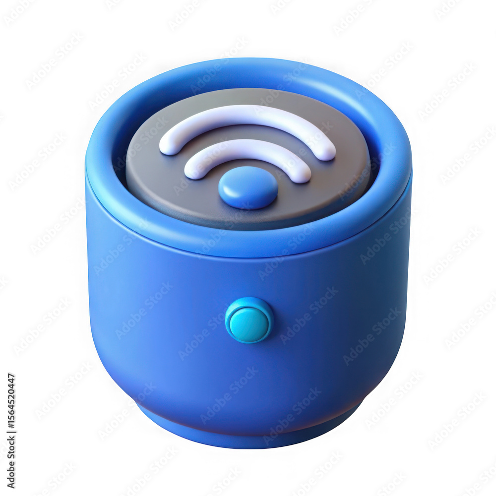 Poster stylized 3d rendering of a blue cylindrical device with a prominent wifi symbol on top isolated on t