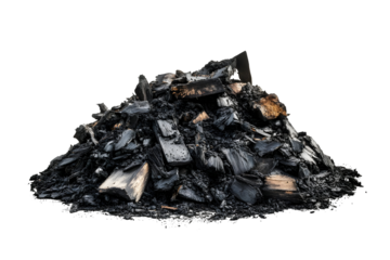 Pile of Charcoal and Ash Isolated on Black, Representing Destruction and Loss