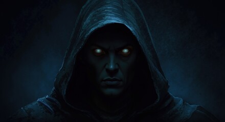Hooded figure with glowing blue eyes in dark atmospheric scene. Mysterious cloaked character with supernatural gaze. Horror thriller and fantasy. Halloween gaming streaming entertainment services