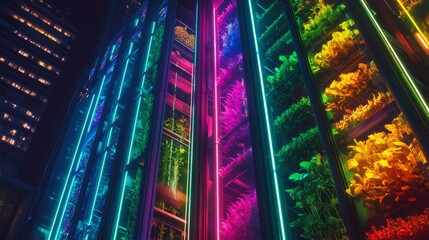 A vibrant display of colors emerges from vertical gardens. Neon lights illuminate the greenery. Urban farming redefined through innovation and design. Generative AI