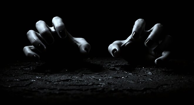 Hands reaching up from dark ground against black background. Desperate gesture seeking help rescue salvation. Crisis intervention emergency mental health services