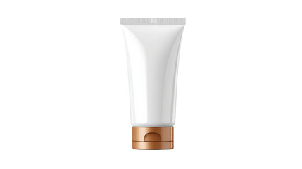 Isolated squeeze tube of white cream with a bronze flip top cap on a transparent background.

