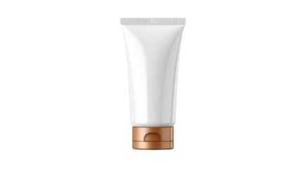 Isolated squeeze tube of white cream with a bronze flip top cap on a transparent background.
