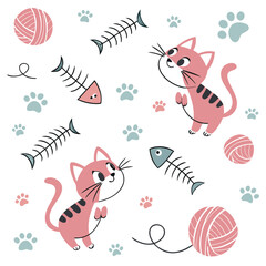 Seamless Vector Pattern Cute Cartoon Cats Playing with Yarn and Fish Bones