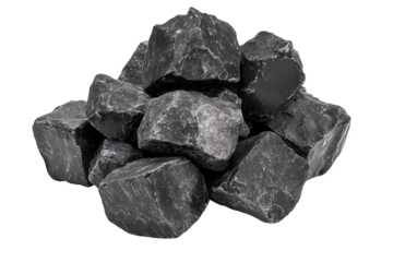 Heap of dark gray rocks on a black background, geological mineral specimen
