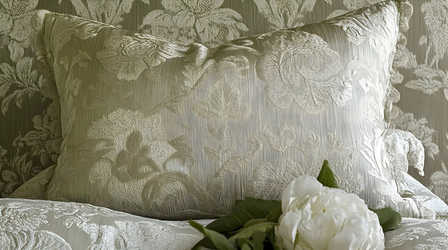 Elegant floral pillow with white rose accent on a matching flora