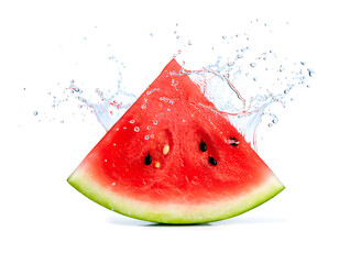 Refreshing watermelon slice with a vibrant splash of water, isolated on a clean white background, showcasing the juicy texture and the essence of summer freshness, perfect for healthy eating concepts.