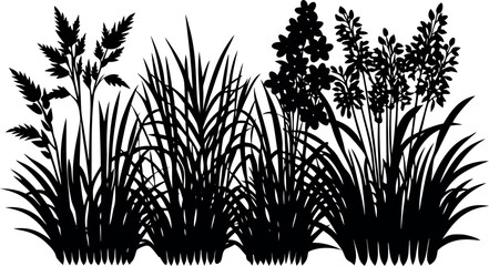 Vector art of silhouetted clumps of wild grass and flowering plants isolated on white background