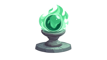 Green crystal ball enveloped in flames resting on a stone pedestal isolated.
