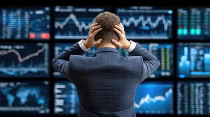 Financial Crisis: A somber image depicting a professional grappling with market volatility, as financial data charts flood the backdrop