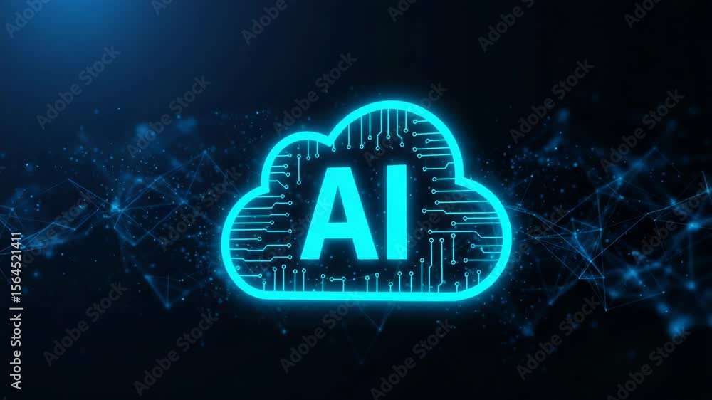 Poster a glowing blue cloud with ai inside represents artificial intelligence and cloud computing technolog