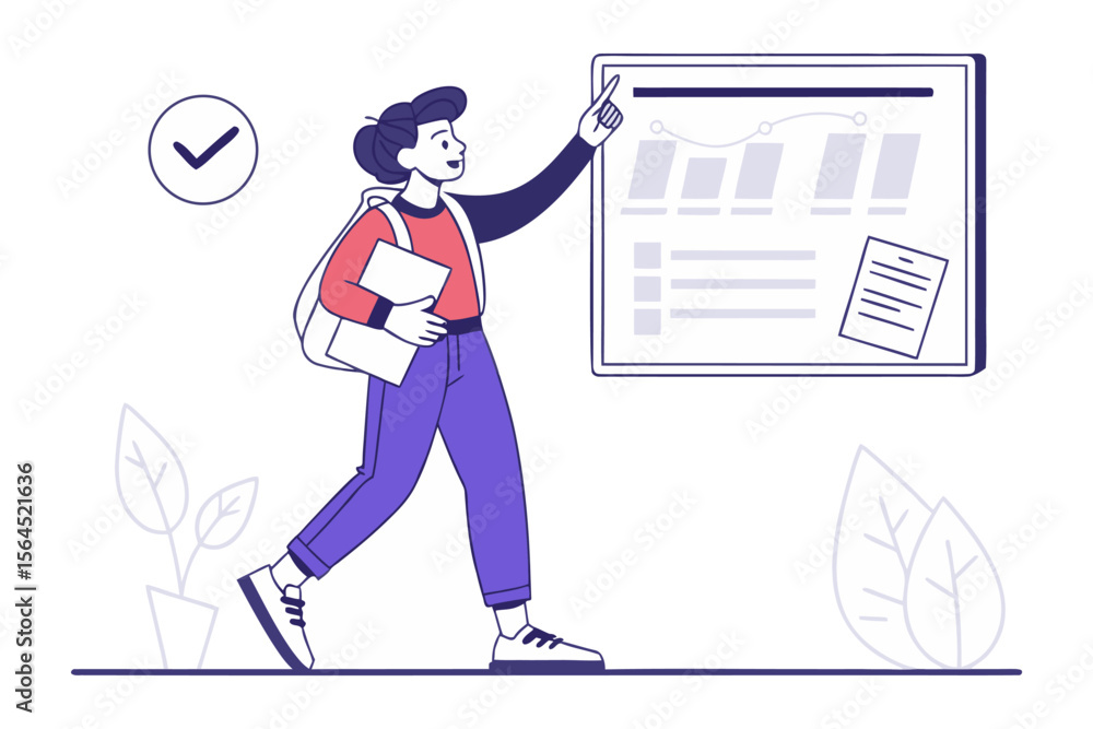 Poster young person with backpack and notebook points to a digital presentation board showing graphs and li