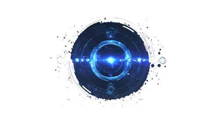 Futuristic glowing blue circular interface element isolated on transparent background.