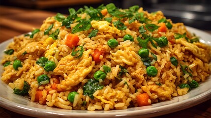 Savory Chicken Fried Rice With Peas Carrots and Scrambled Egg image