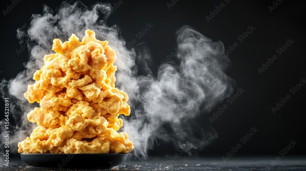 Aufkleber close-up of a steaming yellow popcorn kernel explosion with fragrant smoke and fluffy texture on dar