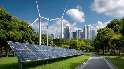 Sustainable Skyline: A modern city embraces renewable energy, featuring wind turbines and solar panels against a backdrop of sleek skyscrapers and green trees.