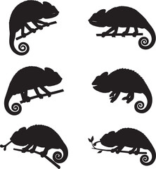 Collection of chameleon silhouettes perched on branches