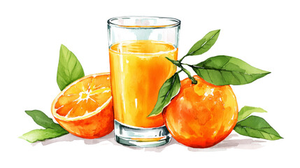 Fresh orange juice in glass with slice and whole fruits with green leaves.