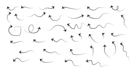 Curved dotted arrow. Collection of curved hand drawn arrows. Zigzag arrow stripes design with dotted lines.