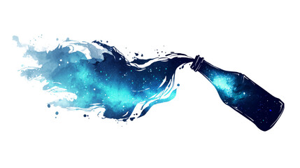 Blue galaxy flowing from a bottle creates an abstract splash on transparent background.