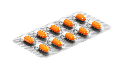Blister pack of white and orange capsule pills on a transparent background.
