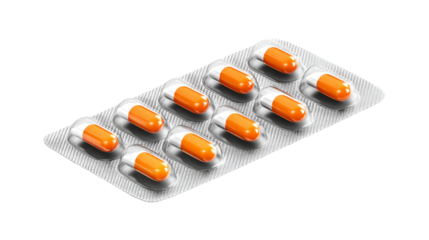 Blister pack of white and orange capsule pills on a transparent background.
