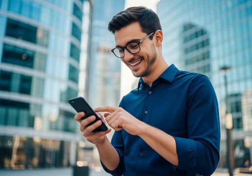 Smiling businessman uses smartphone outdoors amidst modern cityscape.