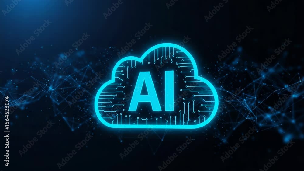 Poster a glowing blue cloud with ai inside represents artificial intelligence and cloud computing technolog