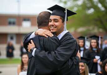 A proud father hugging his son during the graduation ceremony