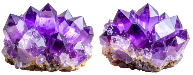 Macro Shot of Purple Amethyst Crystal Gemstone with Sharp Facets, isolated on a transparent background