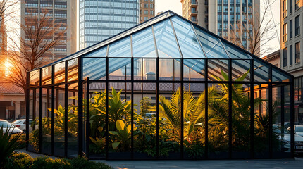 Obraz premium A modern glass greenhouse filled with lush plants, showcasing urban gardening in a city setting.