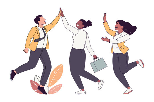 Diverse group of business professionals celebrating success with high fives and joyful expressions embodying teamwork and achievement