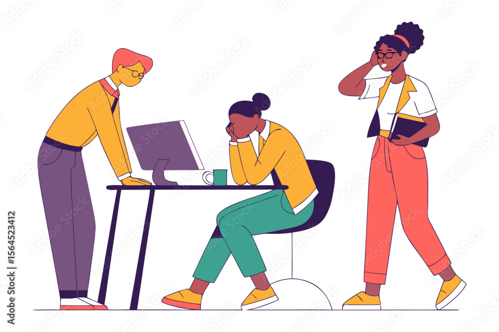 Poster diverse team members experience workplace challenges with one person looking stressed at a computer 
