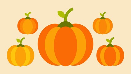 A group of stylized orange pumpkins with green stems isolated on white background