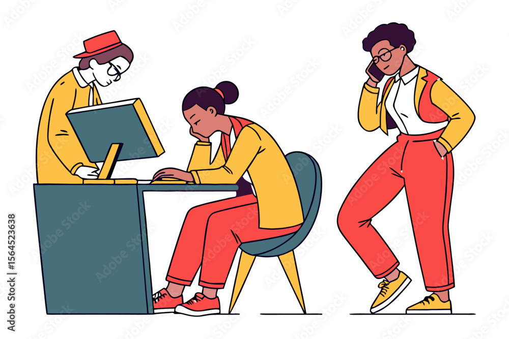 Poster diverse professionals in a modern office setting one focused on a computer another tired at their de