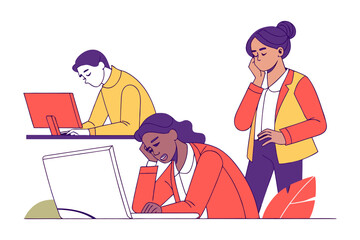 Three diverse office workers experiencing exhaustion and burnout while working on computers in a modern workspace setting