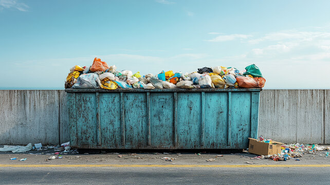 An overflowing dumpster on a street by the ocean.
