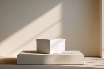 A pristine white box stands tall, a silent promise of untold contents against a minimalist backdrop of soft, neutral light. High quality