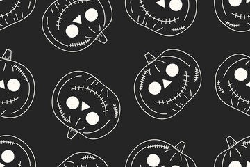 Halloween seamless pattern with black and white ghost face pumpkins