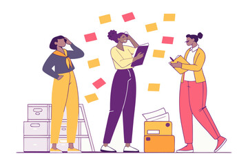 Diverse team members collaborate on a project reviewing documents and brainstorming ideas with scattered colorful notes