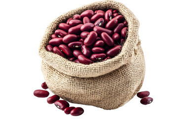 Abundance of kidney beans spilling from a burlap sack on a black background