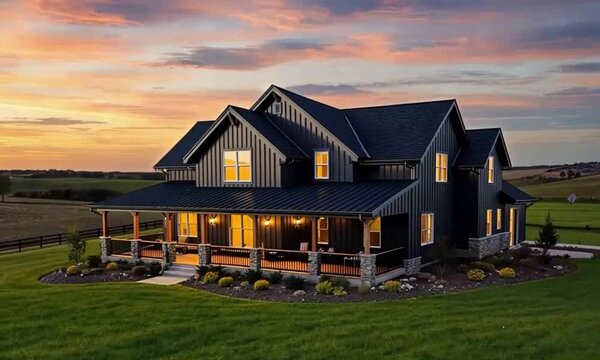  Modern farmhouse, large two-story house, dark exterior siding, gabled roof, porch, green lawn, landscaping, warm lighting, countryside, sunset sky.
