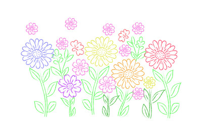Crayon pencil vector set. Colorful flower with brush texture. Doodle paint background with chalk hand drawn elements. Sketch kid scribble, abstract children bg. Crayon shape, flower, leaf