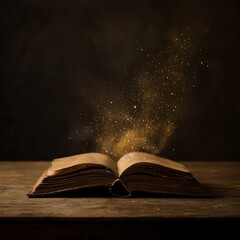 An old open book on a wooden surface emits glowing magical dust into the dark air, evoking mystery and enchantment.