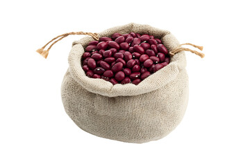 A jute sack filled with dark red kidney beans sits against a stark black backdrop